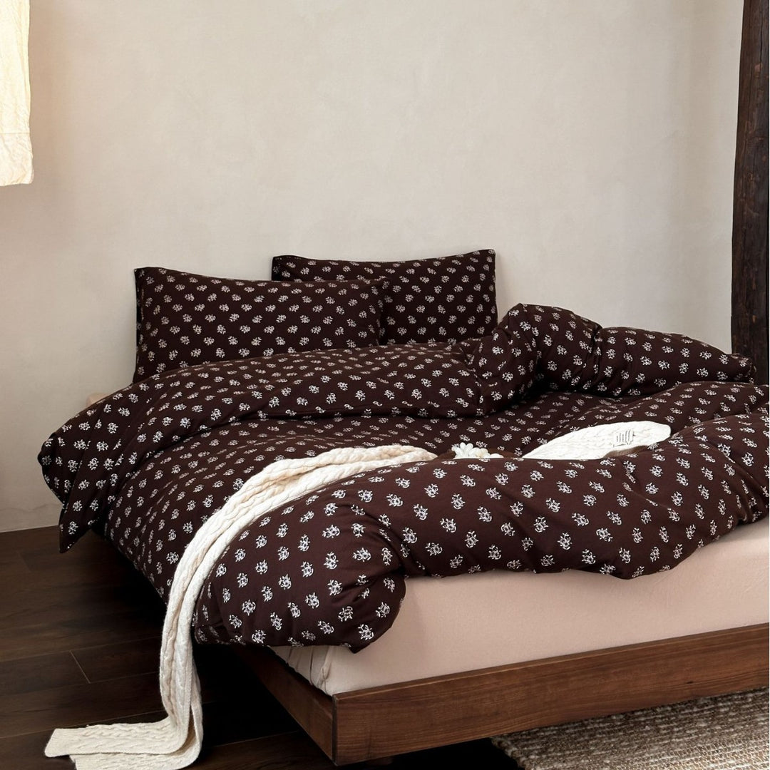 Floral Cotton Percale Bedding Set with Duvet Cover Fitted Sheet and Envelope Pillow Shams