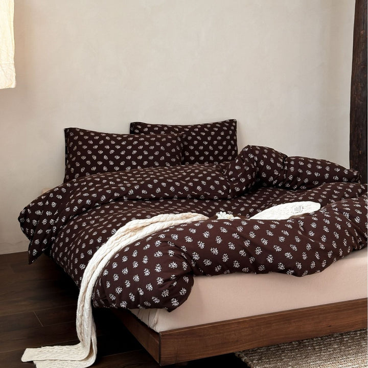 Floral Cotton Percale Bedding Set with Duvet Cover Fitted Sheet and Envelope Pillow Shams