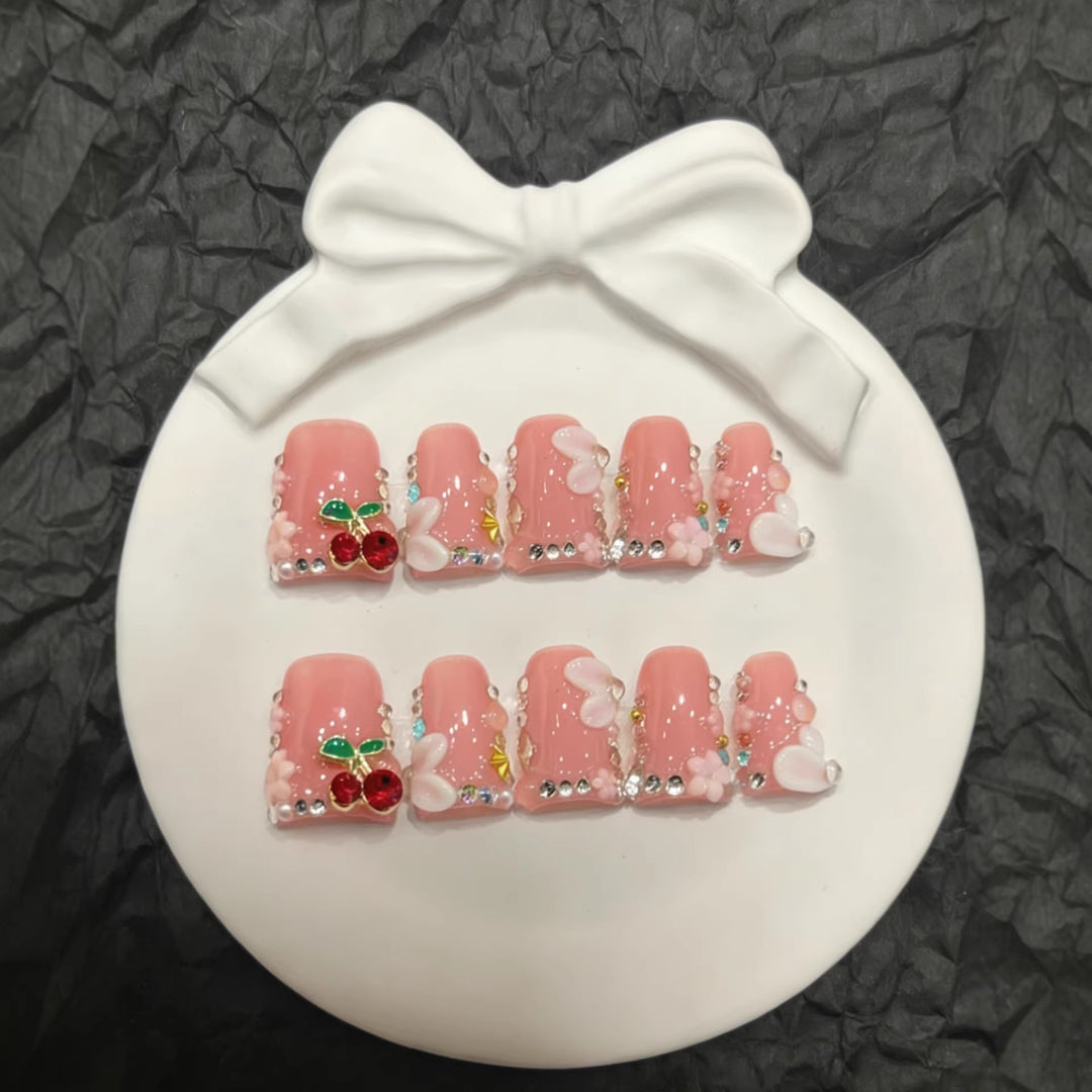 Decorative Press-On Nail Art Set with Floral and Cherry Accents