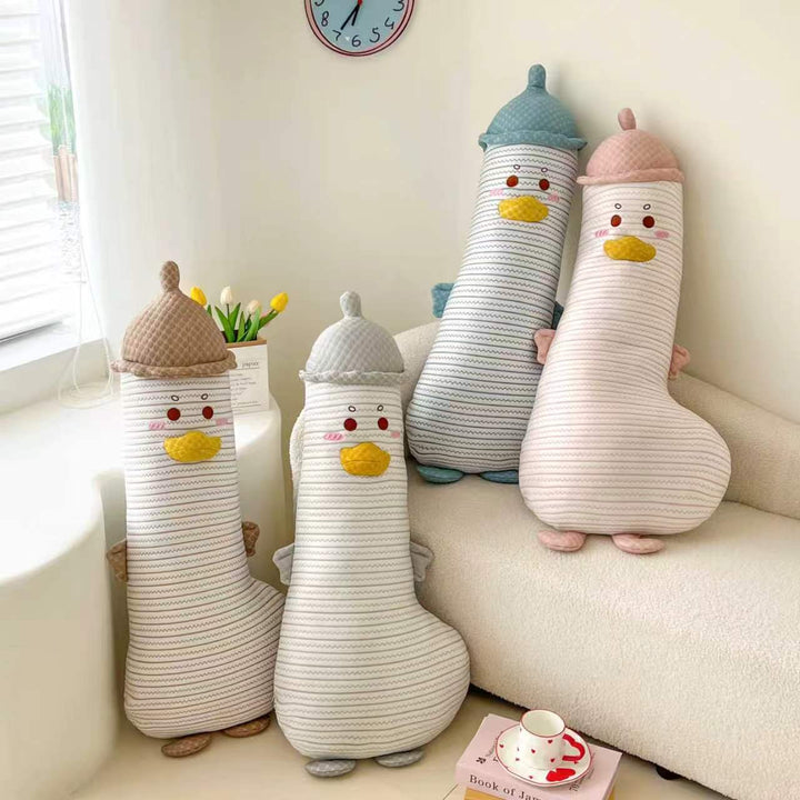 Large cuddly duck body pillow with hat and striped cotton cover