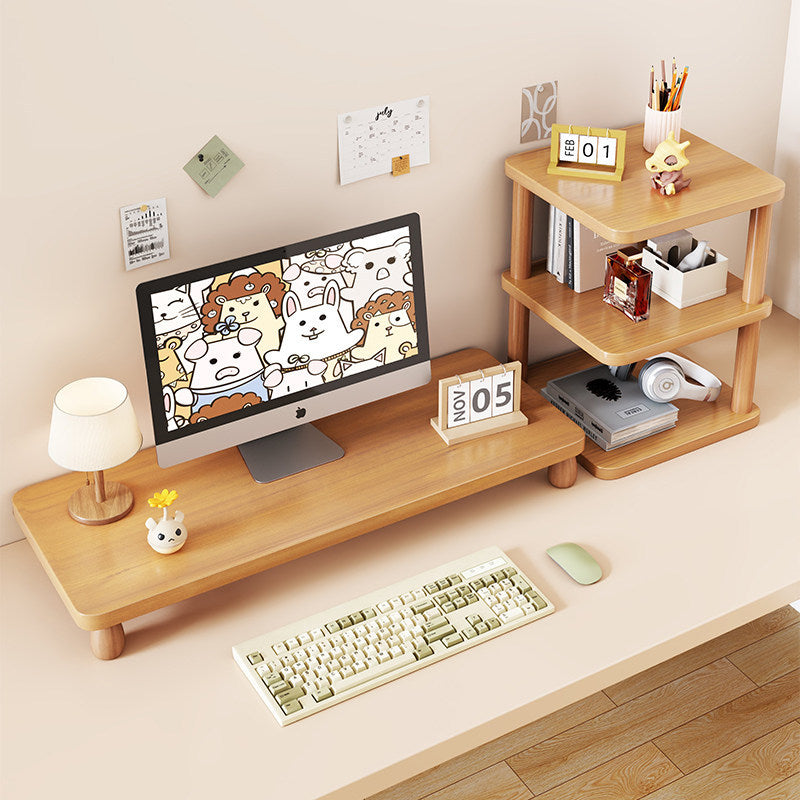 Solid Wood Monitor Riser with Tiered Desk Organizer and Cable Management