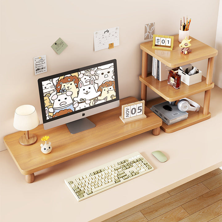 Solid Wood Monitor Riser with Tiered Desk Organizer and Cable Management