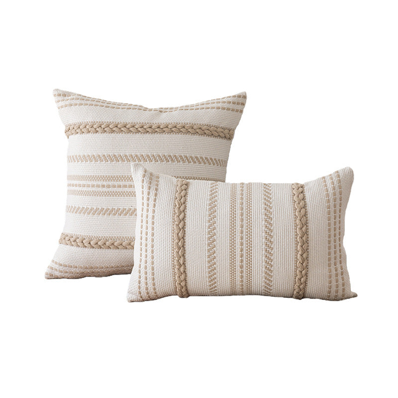 Handwoven Cotton Striped Boho Decorative Pillow Cover Set with Braided Accent