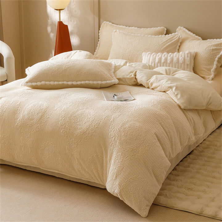 Quilted Medallion Embossed Duvet Cover Set with Pom-Pom Trim and Pillow Shams
