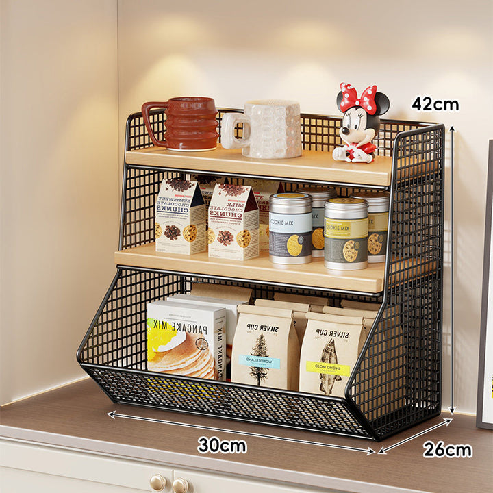 Compact Mesh Countertop Pantry Organizer with Two Wooden Shelves and Deep Front Basket