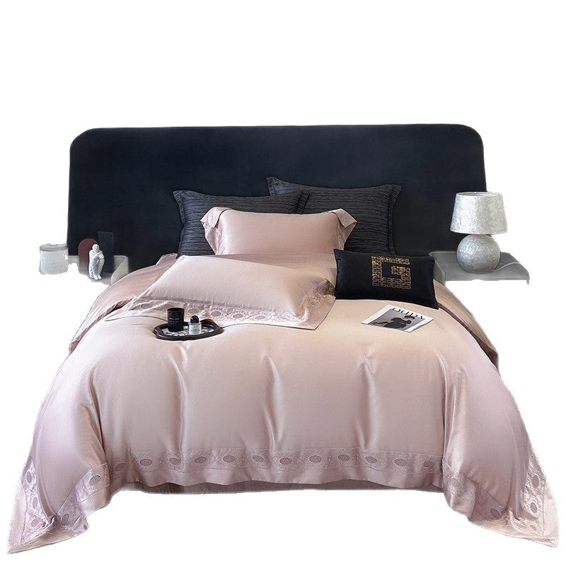 Elegant cotton satin bed set with jacquard-woven contrast border