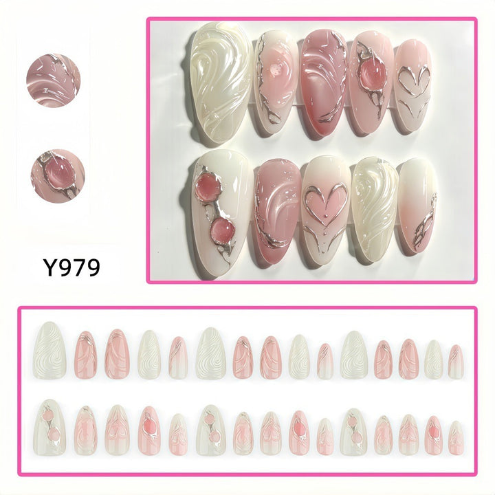 Elegant artificial nails with sophisticated heart and wave patterns Stornfield