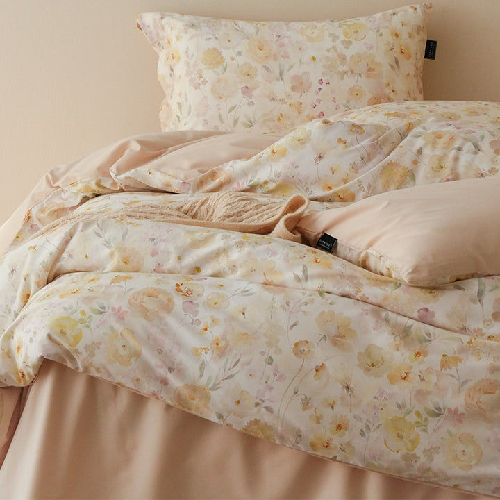 Floral Cotton Sateen Reversible Duvet Cover Set with Pillow Shams