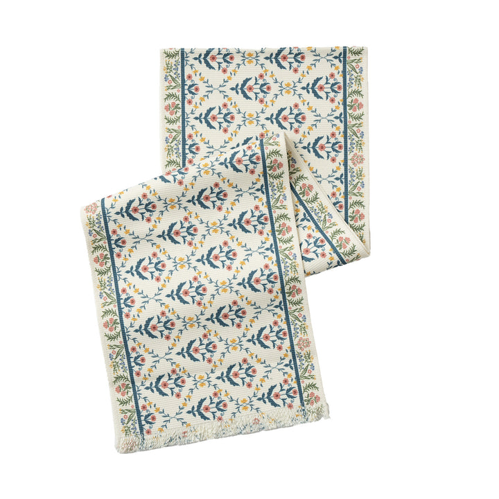 Woven runner with vintage-oriental floral pattern and fringes