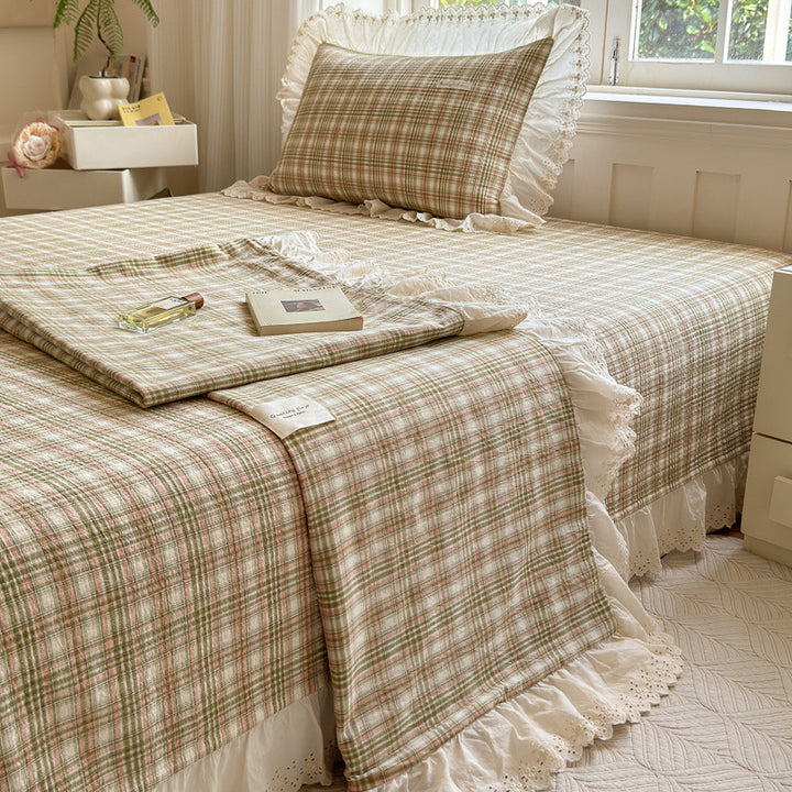 Ruffled Eyelet Lace Striped Cotton Duvet Cover Set with Frilled Pillow Shams