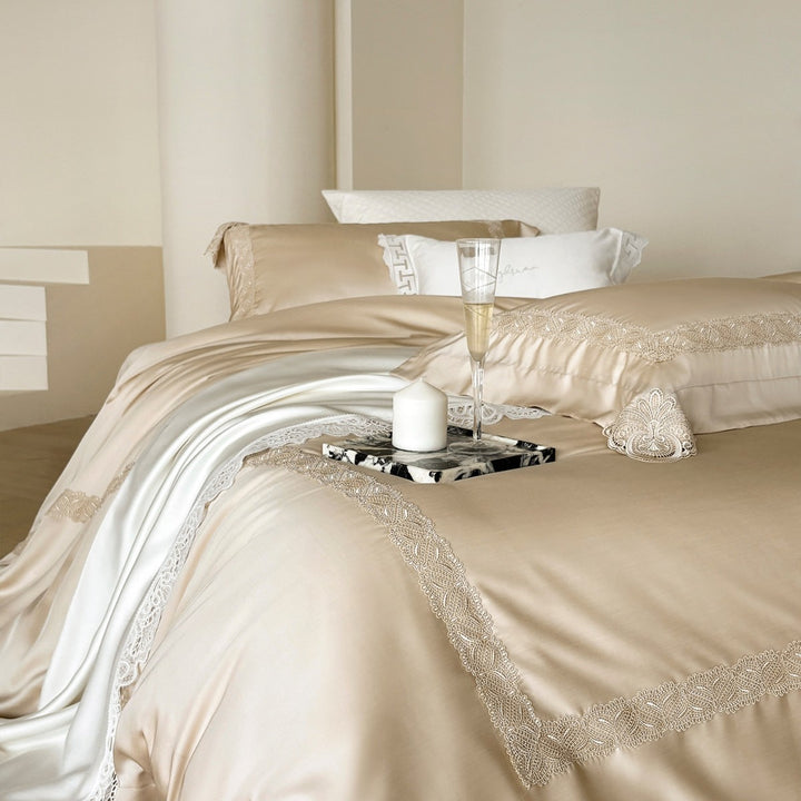 Silky Satin Duvet Ensemble with Floral Appliqué Embroidery, Scalloped Lace Border & Hidden Closure