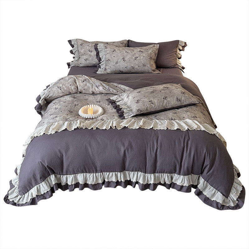 Reversible Floral-Print Ruffled Duvet Cover Set with Eyelet Lace Trim and Matching Shams