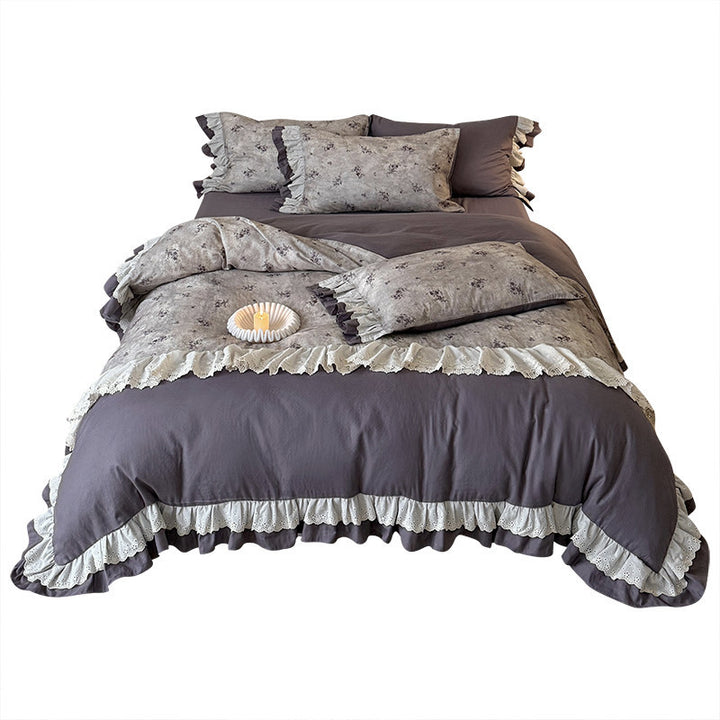 Reversible Floral-Print Ruffled Duvet Cover Set with Eyelet Lace Trim and Matching Shams