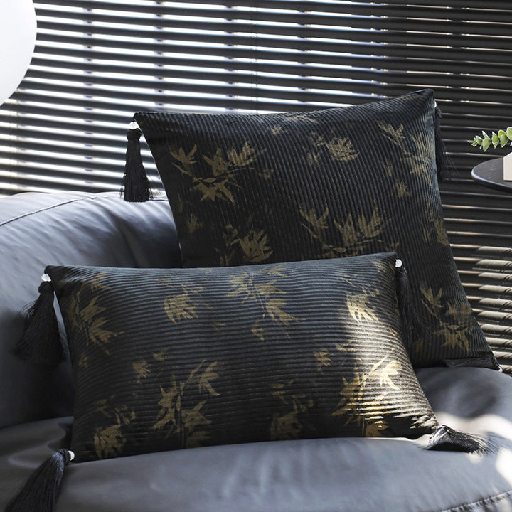 Square decorative cushion made of velvet with relief longitudinal stripes and fringe tassel Stornfield