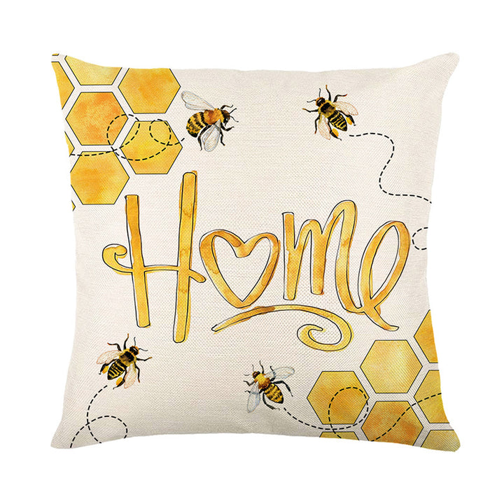 Decorative Cotton-Linen Square Throw Pillow Cover with Hand-Drawn Wildflower & Bee Illustration Concealed Zipper