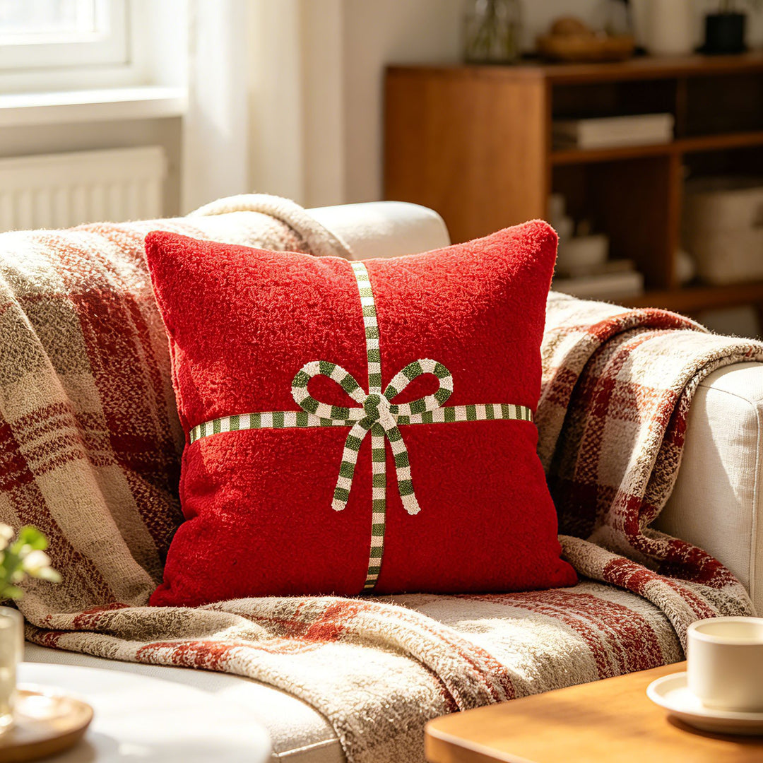 Decorative Sherpa Throw Pillow with Embroidered Ribbon Bow Accent