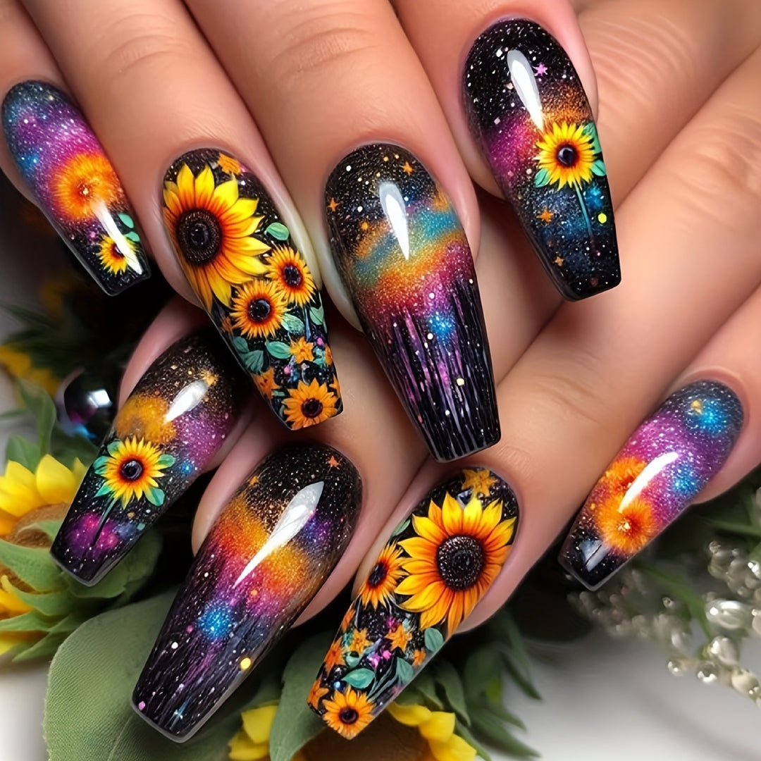 Artificial nails in creative sunflower and galaxy design Stornfield