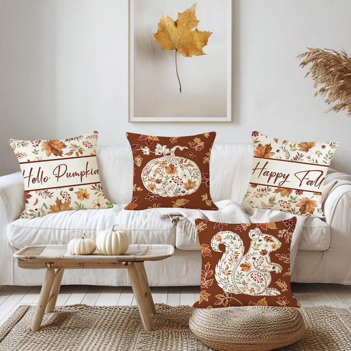 Square Cotton-Linen Autumn Botanical Pumpkin Accent Pillow Cover with Concealed Zipper