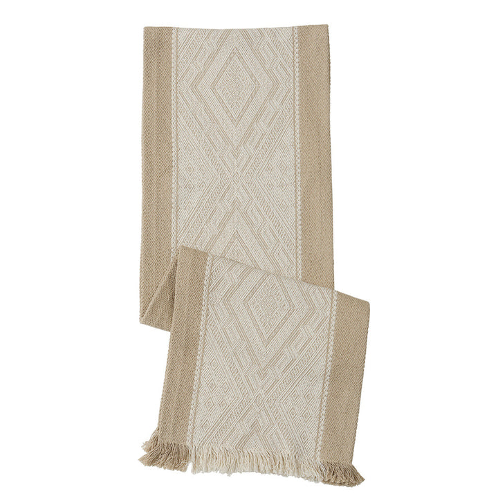 Woven table runner with geometric ethnic ornament and fringes Stornfield