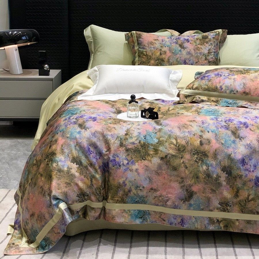 Satin-Feel Watercolor Floral Duvet Cover Set with Pillow Shams