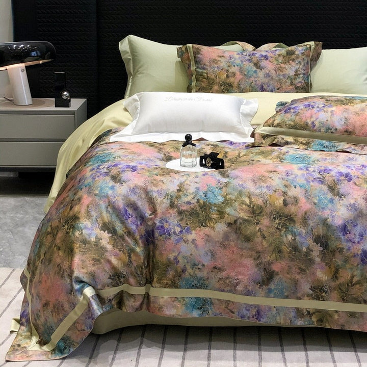 Satin-Feel Watercolor Floral Duvet Cover Set with Pillow Shams