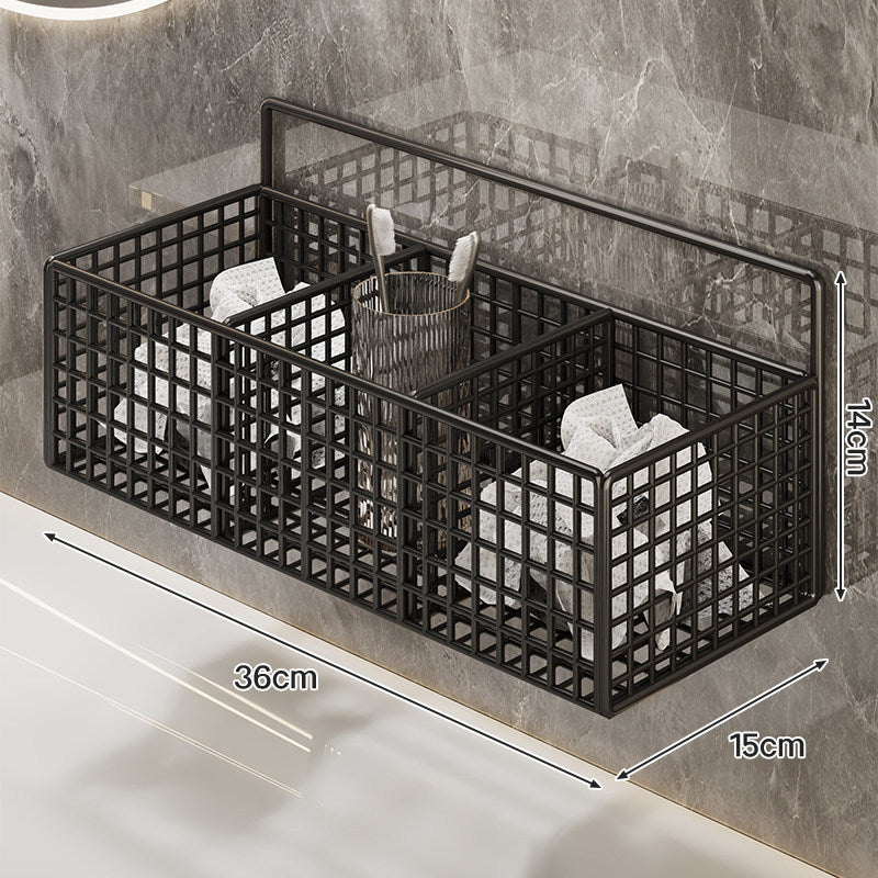 Wall-Mounted Metal Grid Bathroom Caddy with Triple Compartments Hooks and Drainable Base