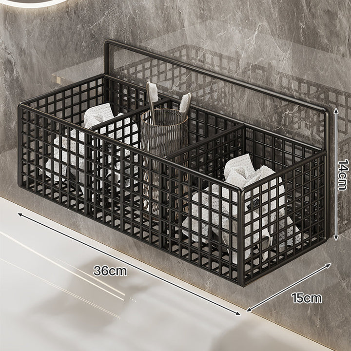 Wall-Mounted Metal Grid Bathroom Caddy with Triple Compartments Hooks and Drainable Base