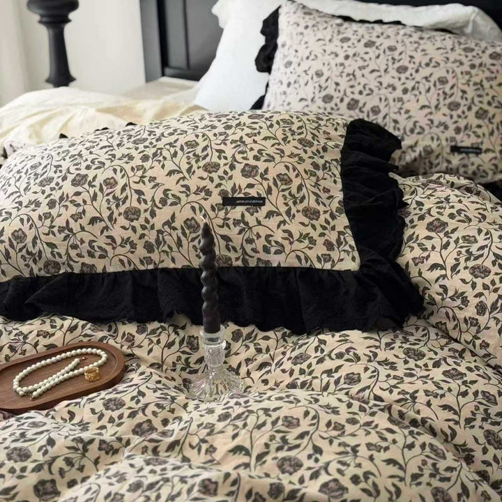 Cottage Floral Cotton Duvet Cover Set with Black Ruffle Trim