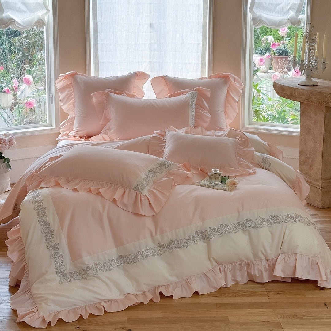 Romantic Ruffle-Trim Cotton Duvet Cover Ensemble with Embroidered Border & Pillow Shams