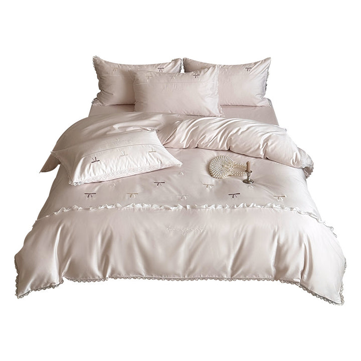 Brushed Sateen Duvet Cover Set with Mini Bow Embroidery and Ruffled Lace Trim