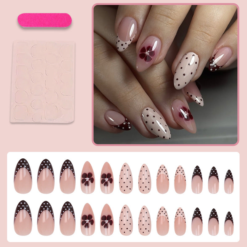 Artificial nail set with elegant flower and dot pattern design Stornfield