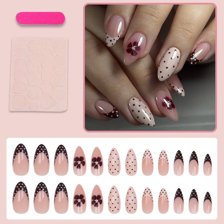 Artificial nail set with elegant flower and dot pattern design Stornfield