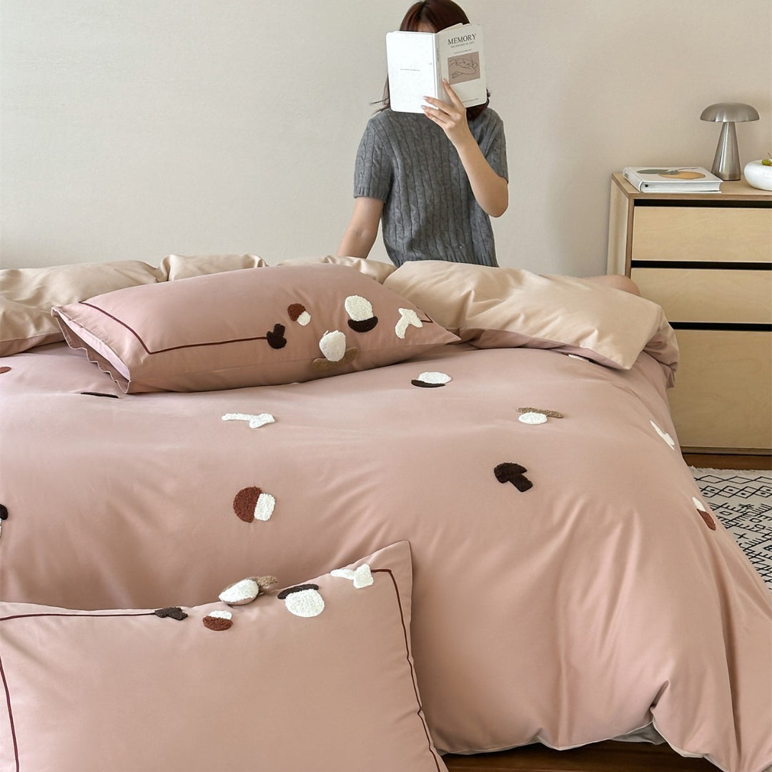Embroidered Tufted Mushroom Duvet Cover Set with Piped Edge