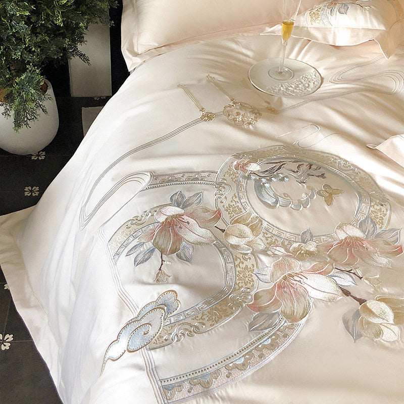 Embroidered Floral & Songbird Luxury Cotton Duvet Cover Set with Decorative Round Cushion
