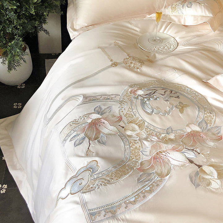 Embroidered Floral & Songbird Luxury Cotton Duvet Cover Set with Decorative Round Cushion