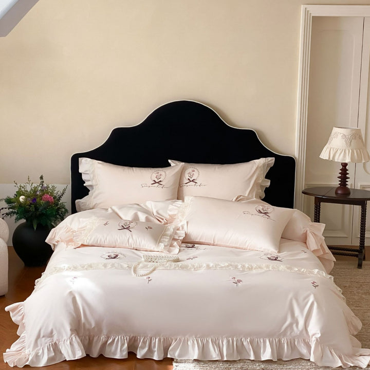 Bedding set made of cotton satin with frill ruffle, delicate flower embroidery and pillowcases
