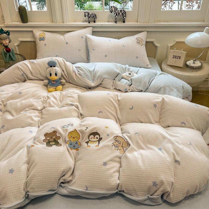 Reversible Flannel Duvet Comforter Set with Embroidered Elephant and Heart Motif