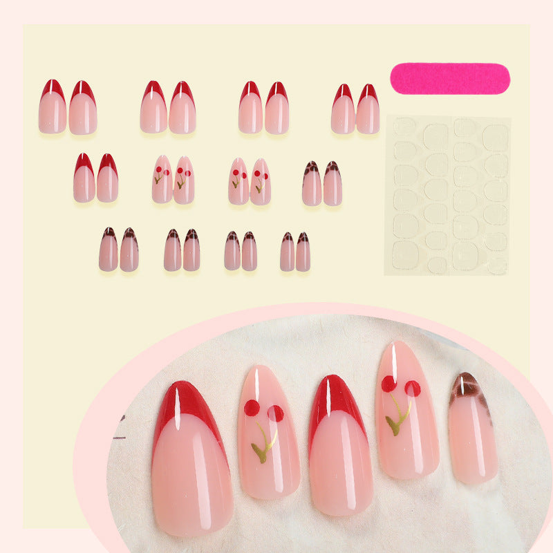 Artificial nail set with fruity cherry design and elegant gradient color Stornfield