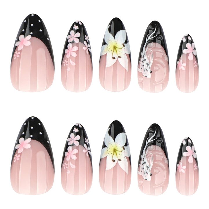 Elegant Nail Extensions with Creative Flowers and Black-White Patterns Stornfield