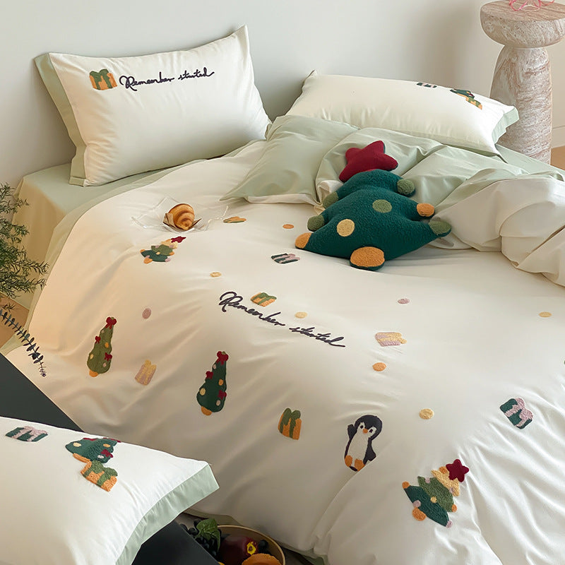 Festive Embroidered Cotton Sateen Duvet Cover and Sham Set with Playful Penguin Motifs and Reversible Border
