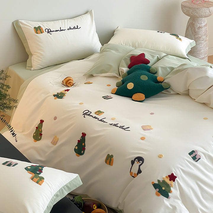 Festive Embroidered Cotton Sateen Duvet Cover and Sham Set with Playful Penguin Motifs and Reversible Border