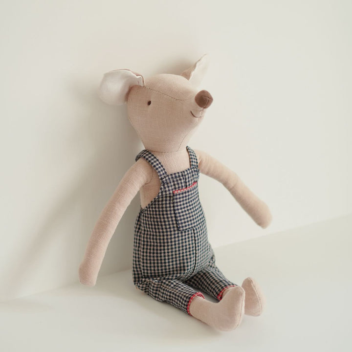 Handmade Linen Plush Mouse Doll with Gingham Overalls