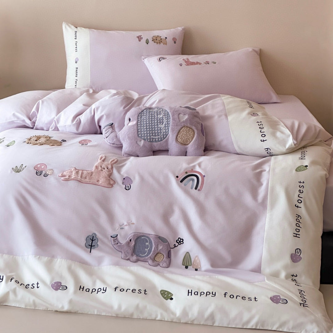 Children's Embroidered Animal Appliqué Duvet Cover Set with Plush Motif Pillow Shams
