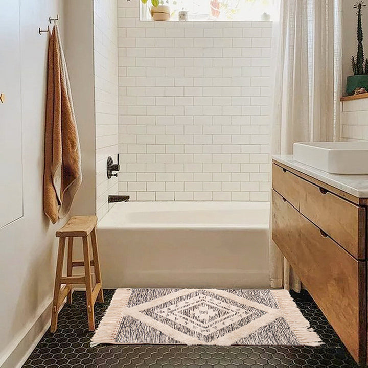 decorative woven bathroom runner with botanical jacquard pattern and fringes Stornfield