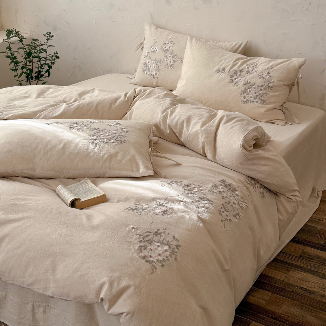 Embroidered Linen Duvet Cover and Tie-Closure Pillowcase Set