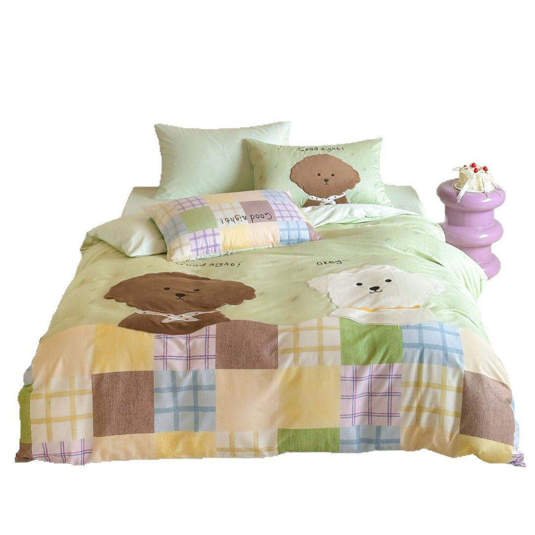 Children's Cartoon Puppy Patchwork Duvet Cover Set with Appliqué Pillowcase