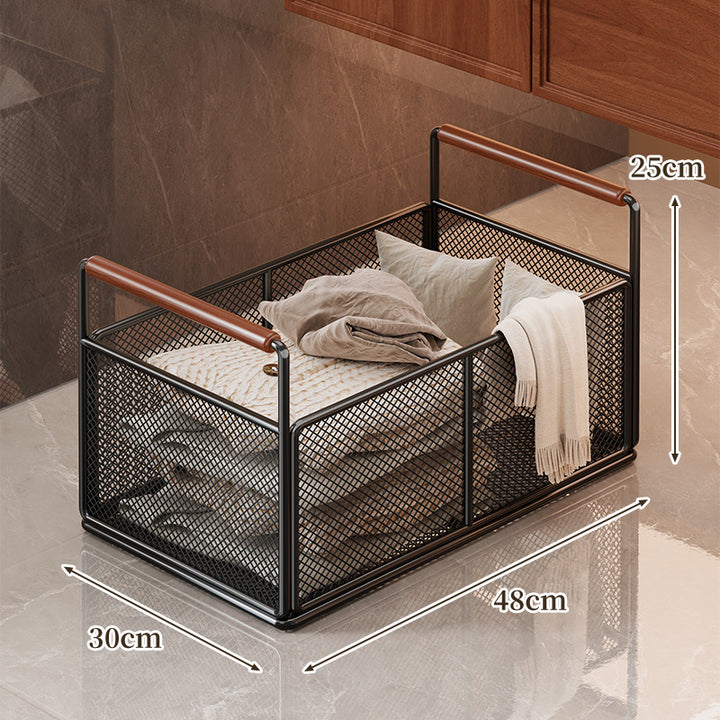 Freestanding Mesh Storage Crate with Wooden Grip Handles for Living Room and Laundry