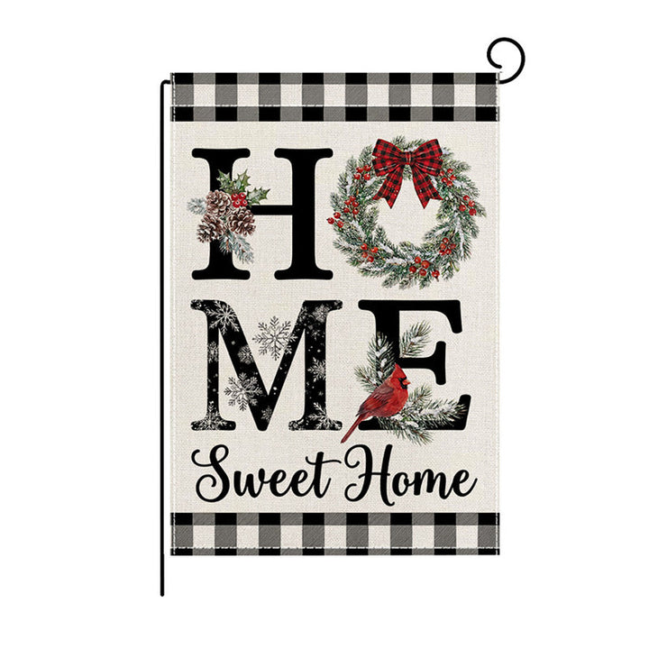 Heavy-Duty Weather-Resistant Burlap Garden Flag Featuring Welcome Script and Plaid Gnome Duo Illustration