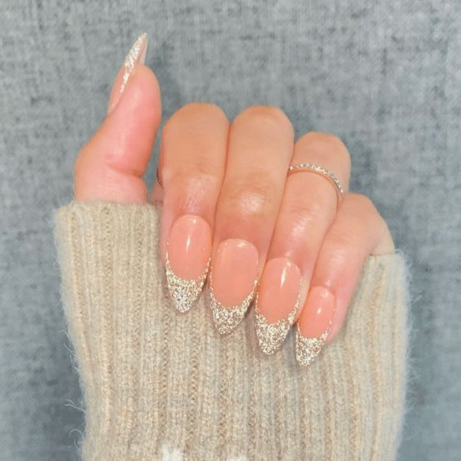Elegant Glossy Almond-Shaped Press-On Nails with Silver Glitter Tips Stornfield