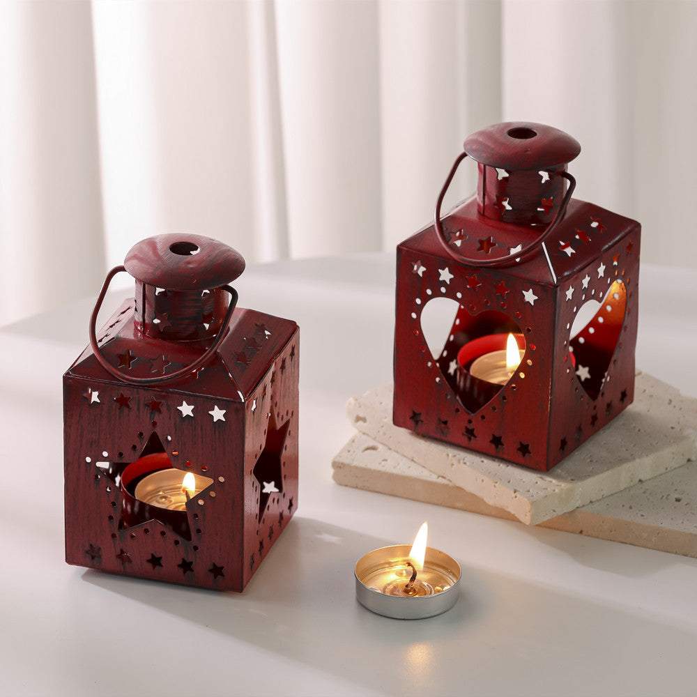 Distressed Shabby-Chic Square Tea Light Lantern with Christmas Tree Cutouts Stornfield